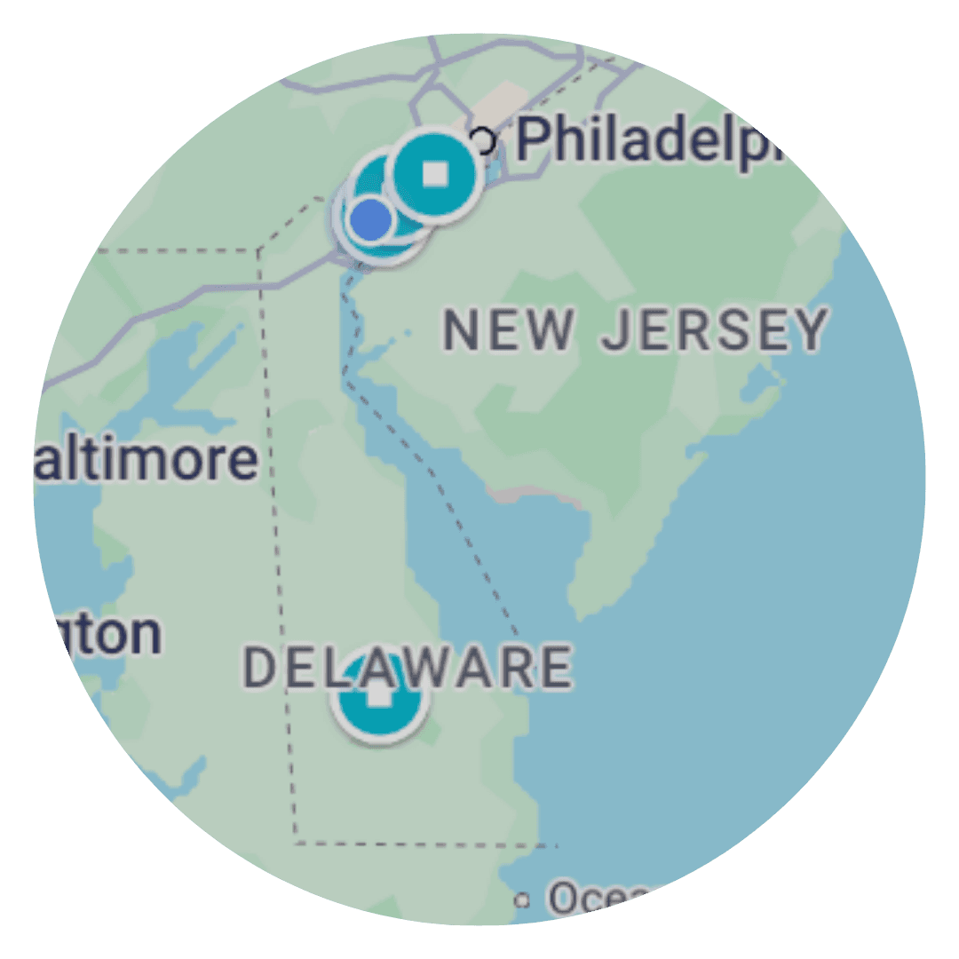 Map highlighting parts of Delaware, New Jersey, Philadelphia, and Baltimore with marked locations.