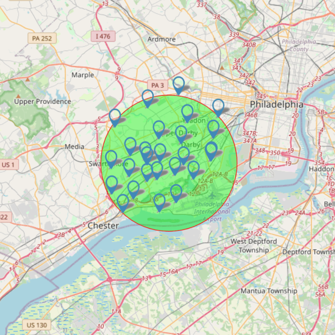 Map showing a circular area around Philadelphia with blue location markers and green overlay.