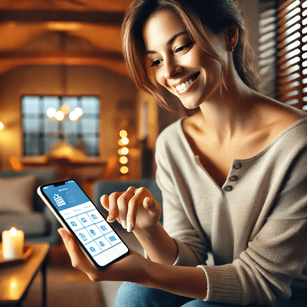 Smiling woman using a smart home app on her smartphone in a cozy, warmly-lit room.