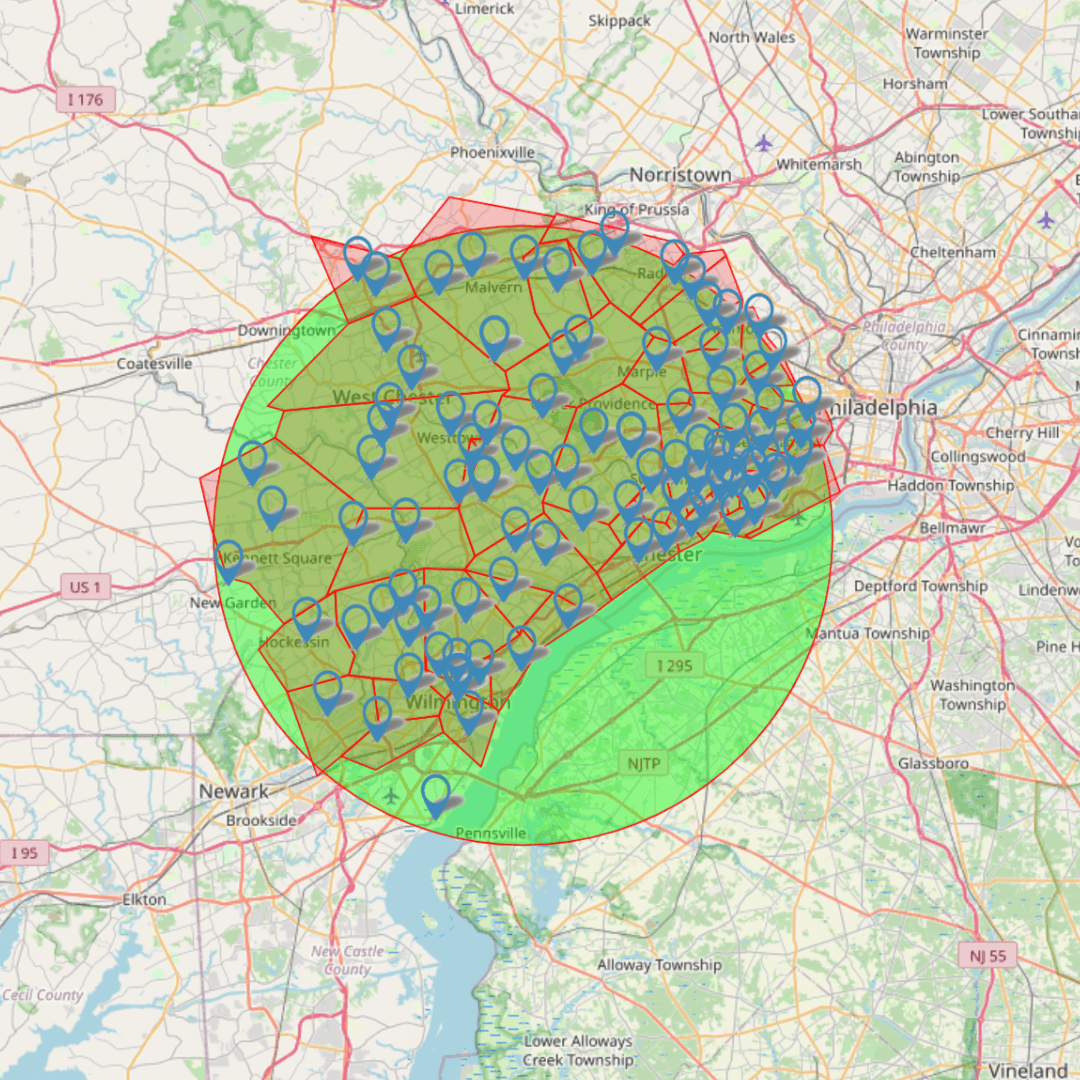 Map highlighting an area encompassing Philadelphia with several blue location markers and green shaded regions.